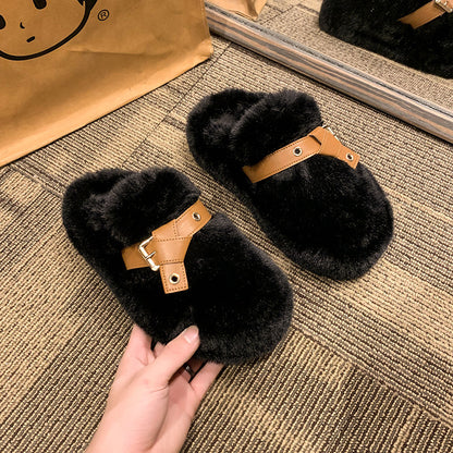 Closed Toe Belt Buckle Thick Bottom Fluffy Slippers Women