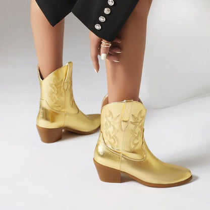 Mirror Patent Leather Embroidery Knee-high Women Boots Pointed Mid-calf Embroidery Chunky High Heel