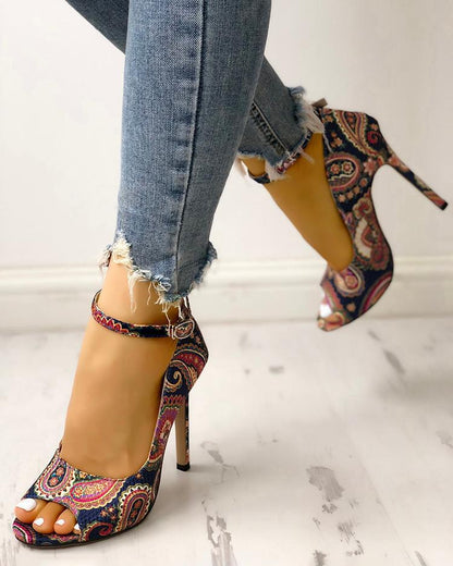 Printed toe buckle women high heels