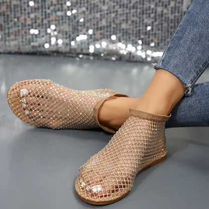 Hollow Flat Sandals With Rhinestone Design Summer Mesh Designer Shoes For Women