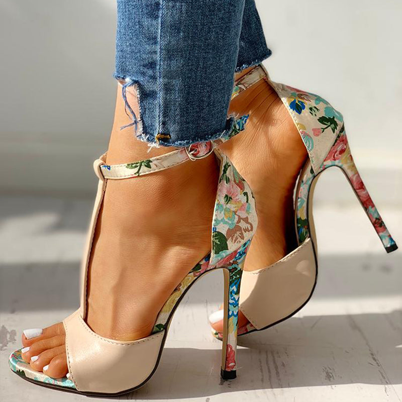 High heel buckle Floral colorful open toe shoes