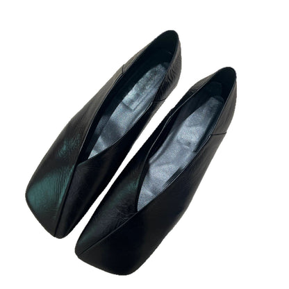 Womens Niche French-Style Genuine Leather V-Neck Square-Toe Flat Shoes