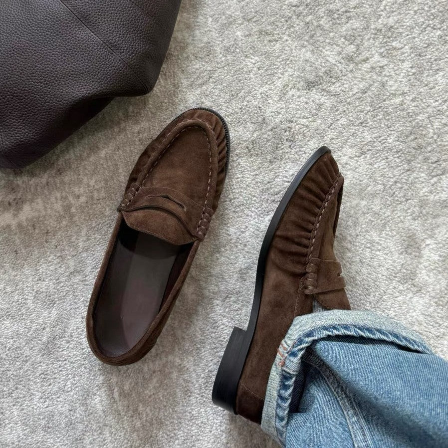 New Retro Round-Toe Pleated Suede Chunky-Heel Loafers for Women