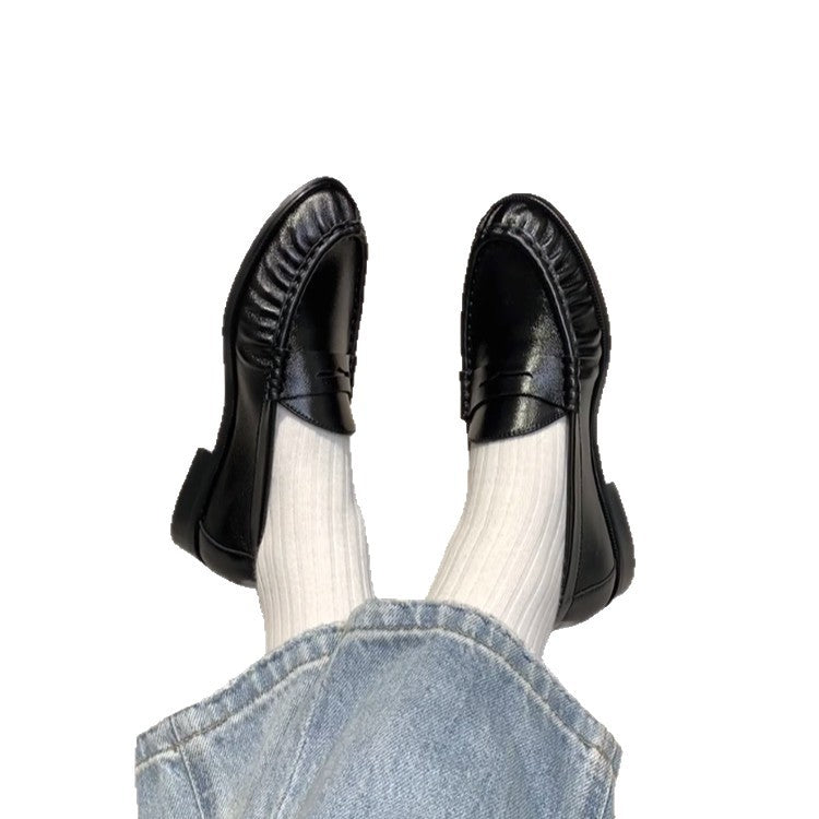 New Retro Round-Toe Pleated Suede Chunky-Heel Loafers for Women
