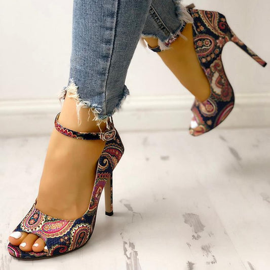 Printed toe buckle women high heels