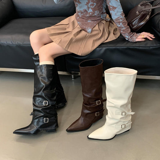 Pointed Buckle Pleated Pile Style Boots Punk Mid Heel Knee-high Wide Calf Boots for Women