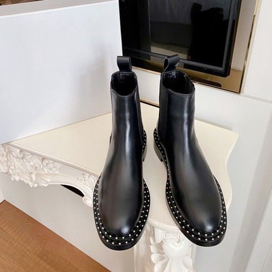 Short British Style Studded Leather Women's Boots