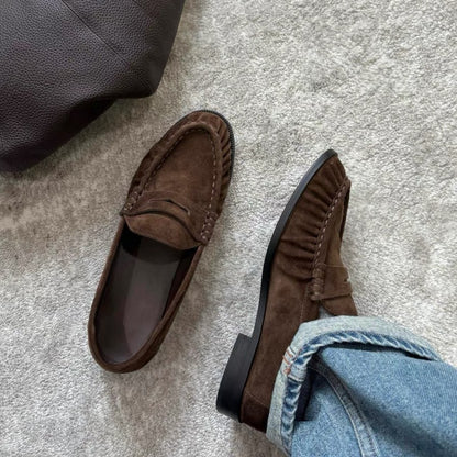 New Retro Round-Toe Pleated Suede Chunky-Heel Loafers for Women