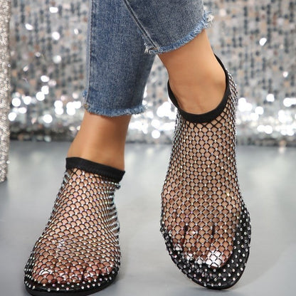 Hollow Flat Sandals With Rhinestone Design Summer Mesh Designer Shoes For Women