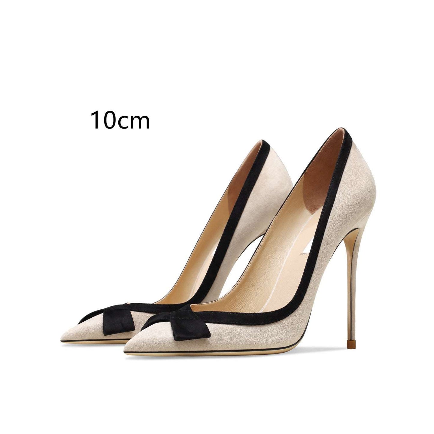 Women's Genuine Leather Apricot Bow Suede High Heels