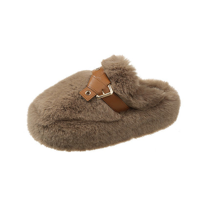 Closed Toe Belt Buckle Thick Bottom Fluffy Slippers Women