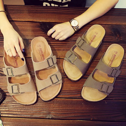 Women Leather Clogs buckle sandals Slippers Soft Cork Two Buckle Women Slides