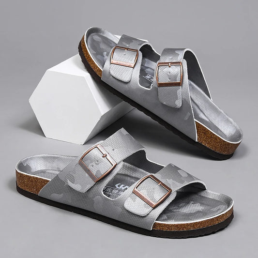 New Luxury Leather Women Sandals High Quality Mules Clogs Slippers Classic Buckle Cork Slides