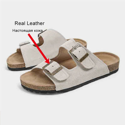 Real Leather Women'S Slippers 2024 Soft Cork Buckle Flip Flops Women Beach Casual Woman  Shoes