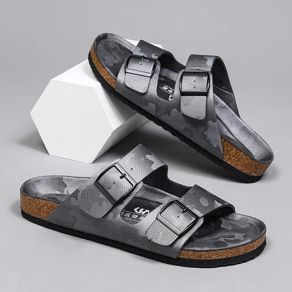 New Luxury Leather Women Sandals High Quality Mules Clogs Slippers Classic Buckle Cork Slides