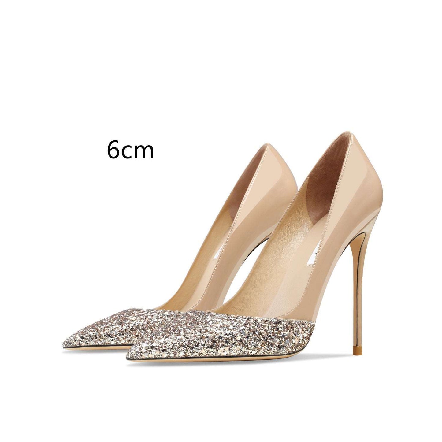 Women's Leather Stitching Gold Sequins High Heels