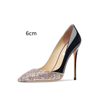 Women's Leather Stitching Gold Sequins High Heels