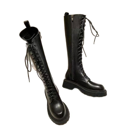 Women's Black Below The Knee Thickened Laced Boots