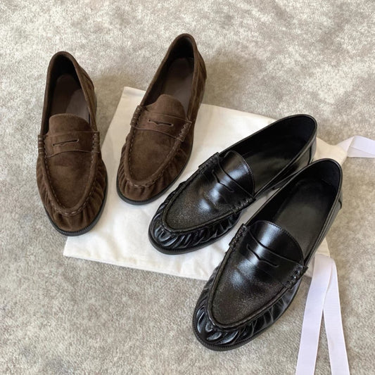 New Retro Round-Toe Pleated Suede Chunky-Heel Loafers for Women