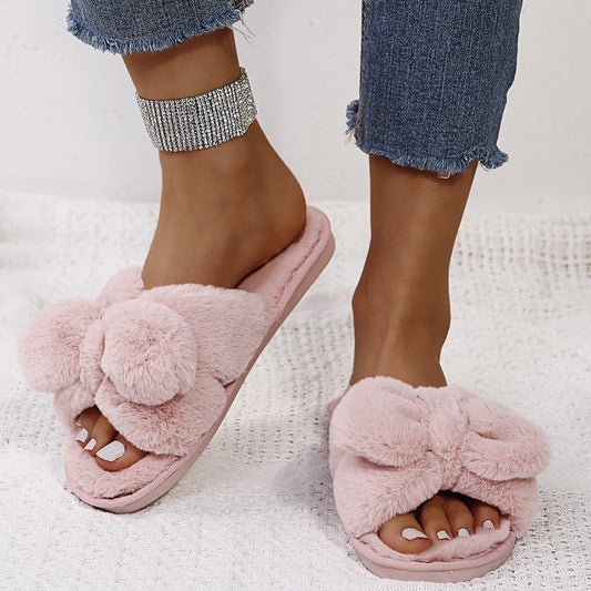 Hairy Drag Women Bow Open-toed Outer Wear Home Warm Flat Cotton Slippers