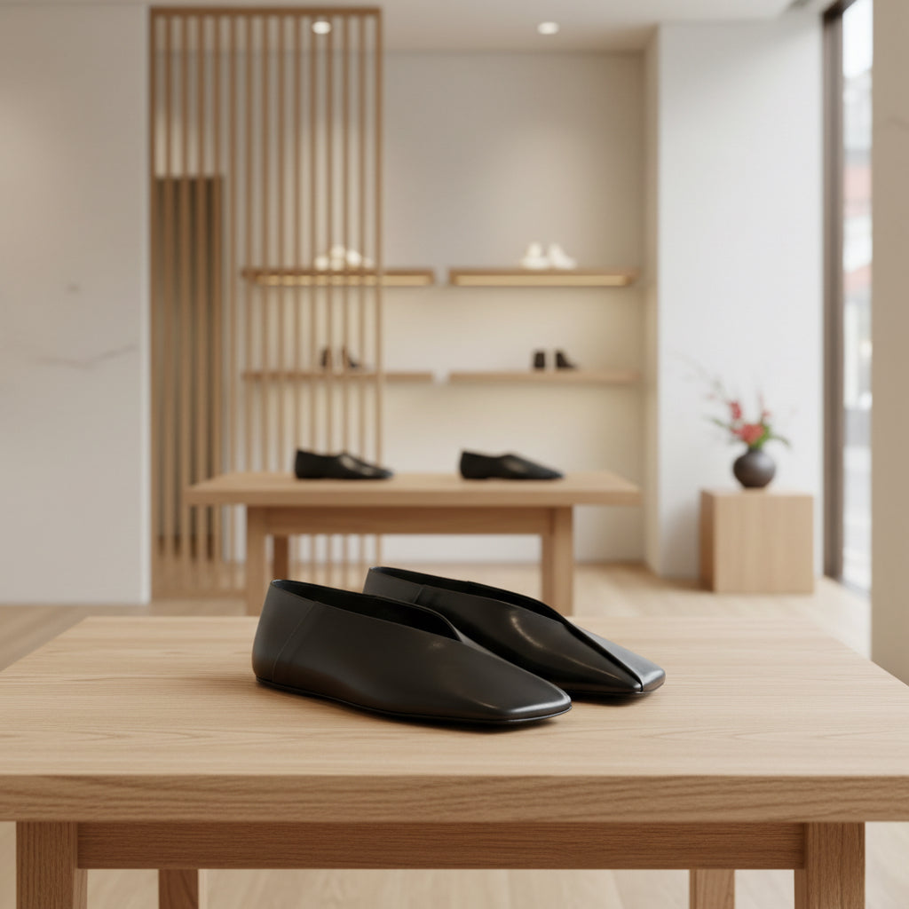 Womens Niche French-Style Genuine Leather V-Neck Square-Toe Flat Shoes