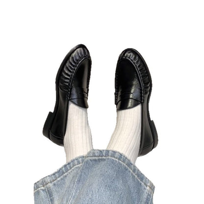New Retro Round-Toe Pleated Suede Chunky-Heel Loafers for Women